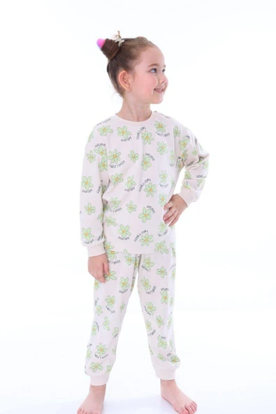 Kız Çocuk Yeşil Çiçek Desenli Uzun Kollu Pijama Takımı - Resim 3