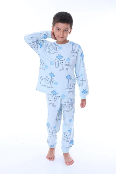 Erkek Çocuk Aslan Kedi Desenli Uzun Kollu Pijama Takımı