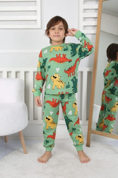 Erkek Çocuk Dino Desenli Uzun Kollu Pijama Takımı