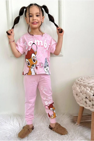 KIZ ÇOCUK DESENLİ KISA KOLLU TSHIRT PİJAMA 2'Lİ TAKIM