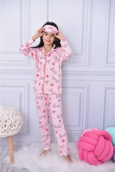 Kız Çocuk Düğmeli  Desenli Uzun Kollu Pijama Takımı