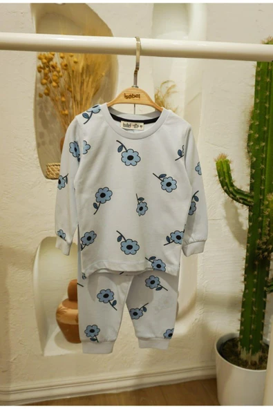 Kız Çocuk Mavi Çiçekli Desenli Uzun Kollu Pijama Takımı ürün görseli 1