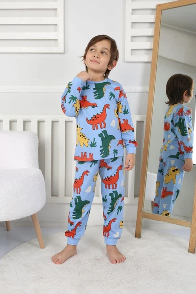 Erkek Çocuk Dino Desenli Uzun Kollu Pijama Takımı
