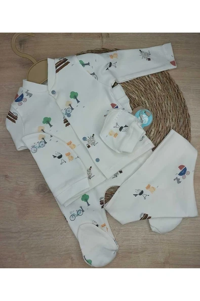 5'Li Kedi Tavşan Desenli Hastane Çıkışı Unısex Bebek Takım 100 % Doğal Pamuk