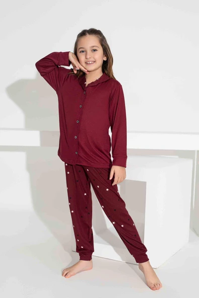 Kız Çocuk Yakası Kalp Desenli Düğmeli Uzun Kollu  Pijama Takımı - 2