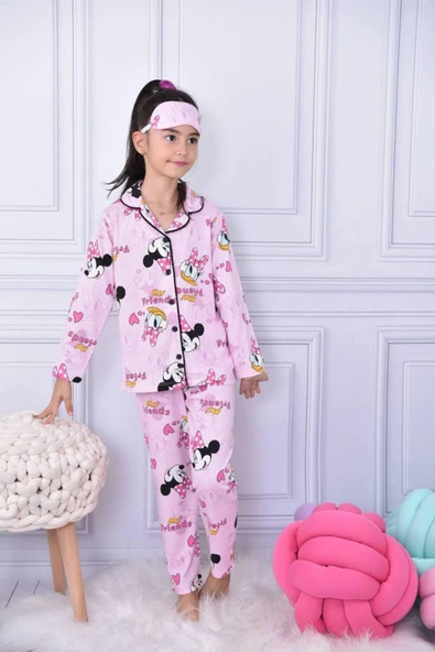 Kız Çocuk Düğmeli Desenli Uzun Kollu Pijama Takımı