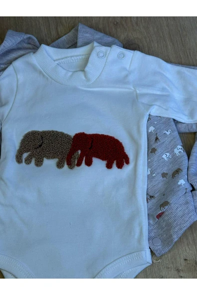 3'Lü Bebek Çocuk Penye 2 İplik Fil Desenli Takım - Resim 2