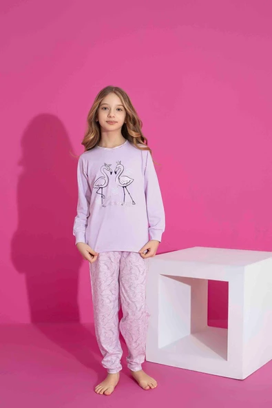 Kız Çocuk Kuğu Desenli Uzun Kollu Pijama Takımı