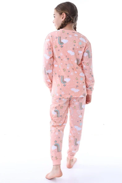Kız Çocuk Gökkuşağı Desenli Uzun Kollu Pijama Takımı - 4