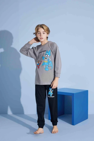 Erkek Çocuk Sevimli Kedi Desenli Uzun Kollu Pijama Takımı