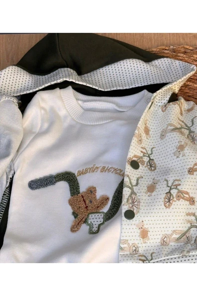 3'Lü Bebek Çocuk 2 İplik Bisiklet Ve Ayıcık Desenli Takim - Resim 2
