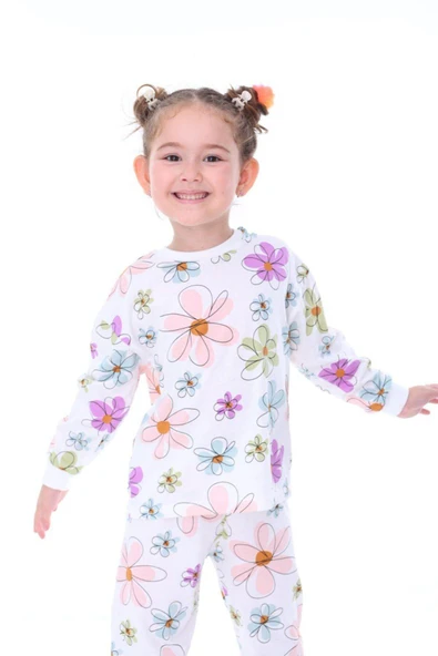 Kız Çocuk Renkli Papatya Desenli  Uzun Kollu Pijama Takımı - 2