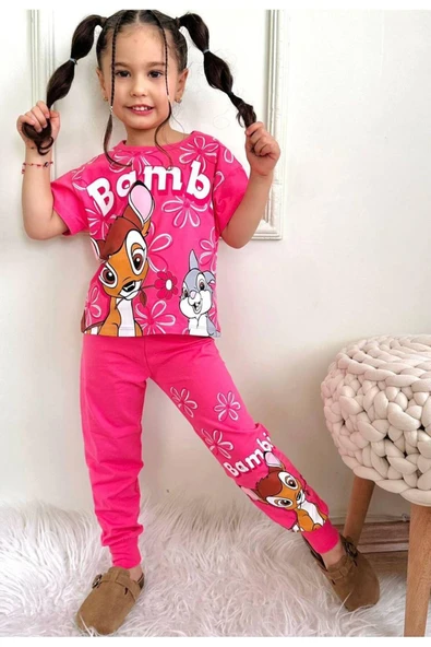 Kiz Çocuk Desenli̇ Kisa Kollu Tshirt Eşofman 2'Li̇ Takim