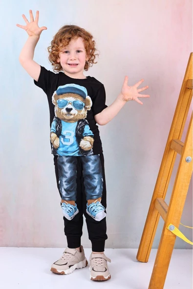 Erkek Çocuk Ayı Desenli Kısa Kollu Tshırt Eşofman 2'Li Takım ürün görseli 1