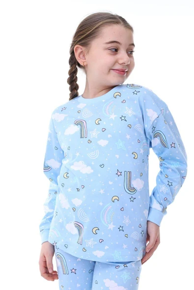 Kız Çocuk Gökkuşağı Desenli Uzun Kollu Pijama Takımı - 3
