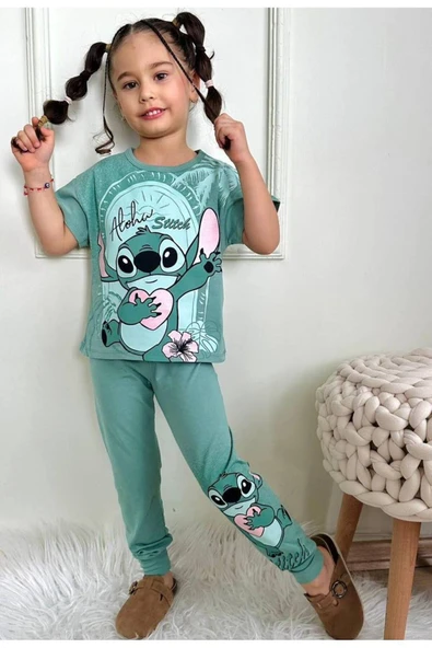 Kız Çocuk Stitchh Desenli Kısa Kollu  Tshırt Eşofman 2'Li Takım