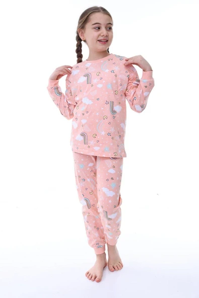 Kız Çocuk Gökkuşağı Desenli Uzun Kollu Pijama Takımı - 2