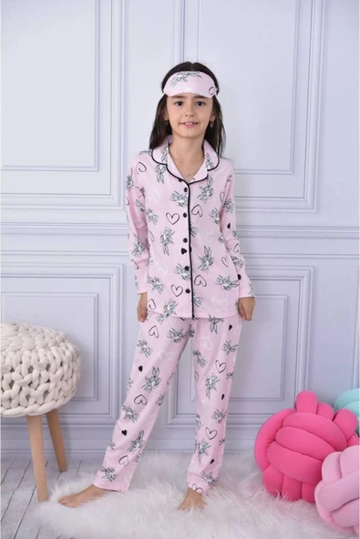 Kız Çocuk Düğmeli Desenli Uzun Kollu Pijama Takımı ürün görseli