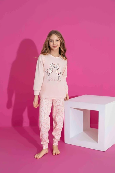 Kız Çocuk Kuğu Desenli Uzun Kollu Pijama Takımı