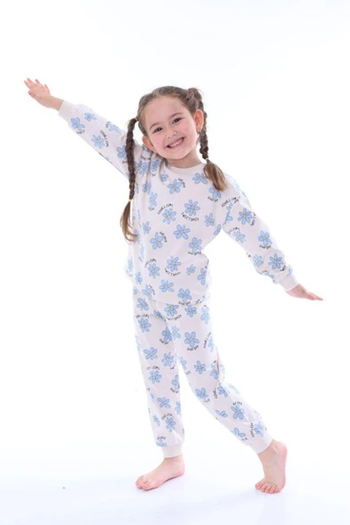 Kız Çocuk Mavi Çiçek Desenli Uzun Kollu Pijama Takımı - 2