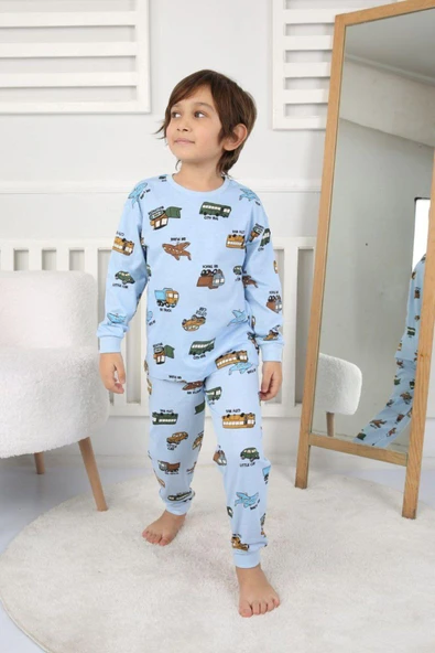Erkek Çocuk Taşıtlar Desenli Uzun Kollu Pijama Takımı