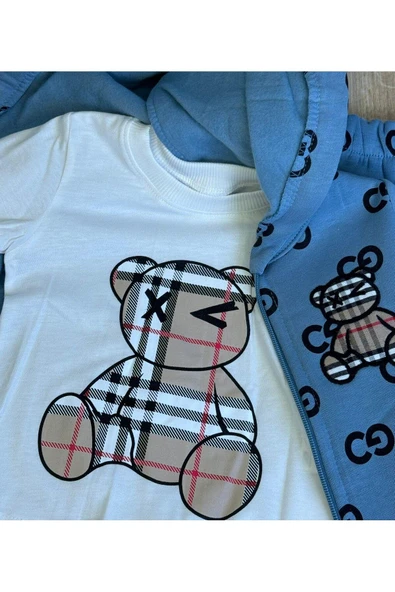3'Lü Bebek Çocuk Şardonlu Kapişonlu Sweatshirt Uzun Kollu Tshirt Ve Eşohman Altı Takımı - 2
