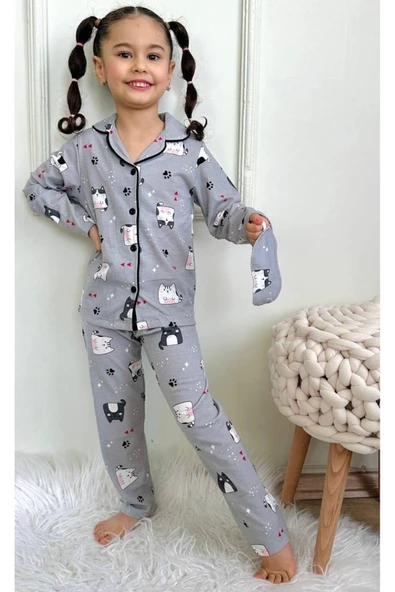 Kız Çocuk Düğmeli Kedi Desenli Uzun Kollu Pijama Takımı