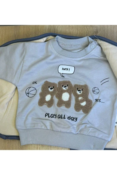 3'Lü Erkek Bebek Çocuk Kapitone Ceket 2 İplik Sweatshirt Ve Pantalon Takım - Resim 3