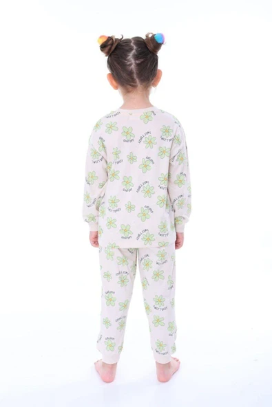 Kız Çocuk Yeşil Çiçek Desenli Uzun Kollu Pijama Takımı - Resim 2