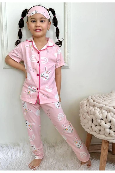 Kız Çocuk Düğmeli Pembe Tavşan Desenli Uzun Kollu Pijama Takımı