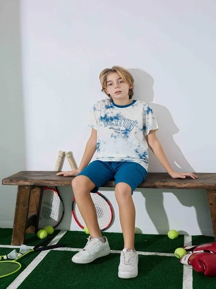 Erkek Çocuk  Mavi Desenli Şortlu Pijama Takımı