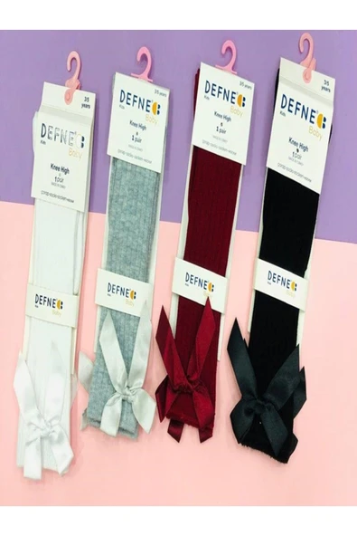 1 Adet Kız Çocuk Çizgili Fiyonklu Kurdele Detaylı Gri Desenli Dizaltı Çorabı ürün görseli 1