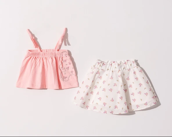 Kız Bebek Çocuk Askılı Pembe Tişört  Çiçekli Etekli Takım
