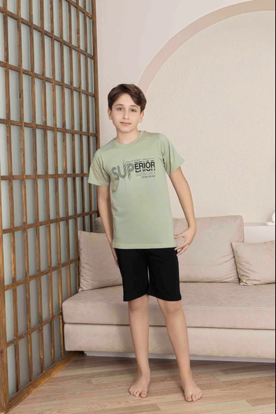 Erkek Çocuk  Yeşil Desenli Şortlu  Pijama Takımı - Resim 2