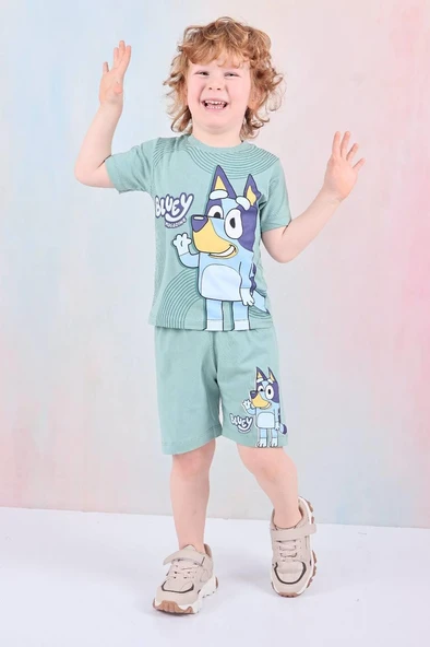 Erkek Çocuk Yeşil Bluey Köpüş Desenli Kısa Kollu Tişört  Şortlu  Takım
