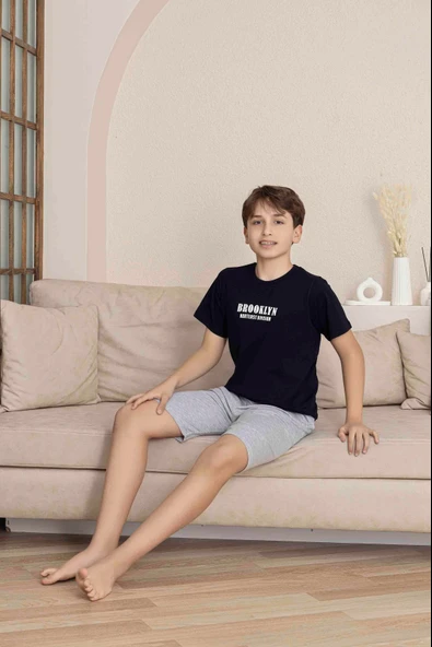 Erkek Çocuk  lacivert Desenli Şortlu  Pijama Takımı - 2