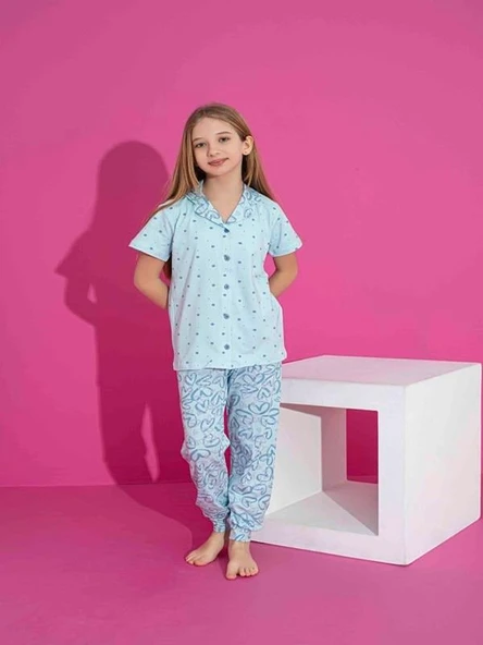 Kız Çocuk Önden Düğmeli Kalp Desenli Mavi Pijama Takımı