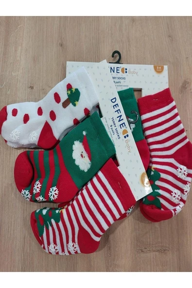 Kıpırık Baby 3 Çift Havlu Pamuklu Kışlık Yılbaşı Desenli Unisex Çocuk Ve Bebek Soket Çorap