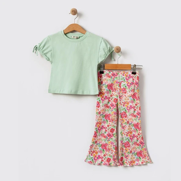 Kız Çocuk Yeşil Çiçekli İspanyolpaça Pantalon  Takım