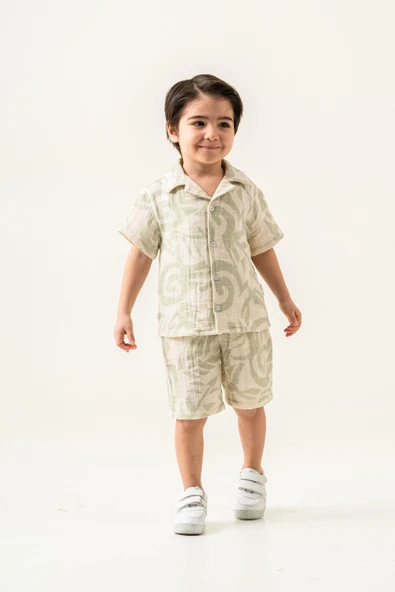 2'li Erkek Çocuk Yeşil Desenli Keten Şortlu Takım - Resim 2