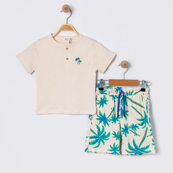 Erkek Çocuk Bej Basic Tişörtlü Palmiye Desenli Şortlu Takım ürün görseli 1