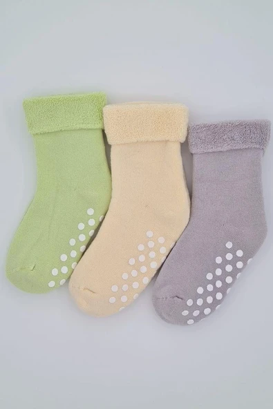 3-4 Yaş 3 Çift Havlu Pamuklu Kaydırmaz Taban  Kışlık Unısex Çocuk Ve Bebek Soket Çorap ürün görseli 1