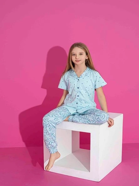 Kız Çocuk Önden Düğmeli Kalp Desenli Mavi Pijama Takımı - 2