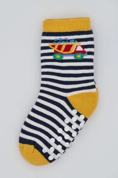 3 Çift Havlu Pamuklu Kaydırmaz Taban Kışlık Araba Ve Çizgi Desenli  Erkek Çocuk Ve Bebek Soket Çorap - Resim 3