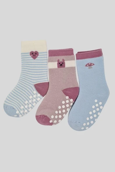 3 Çift Havlu Pamuklu Kaydırmaz Taban Kışlık Mantar Kalp Desenli Kız  Çocuk Ve Bebek Soket Çorap ürün görseli