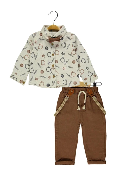 4' lü Erkek Çocuk Ayıcık Desenli Papyonlu Gömlek Askılı Pantolon Takım