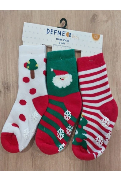 Kıpırık Baby 3 Çift Havlu Pamuklu Kışlık Yılbaşı Desenli Unisex Çocuk Ve Bebek Soket Çorap - 2