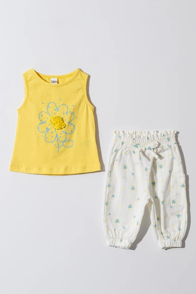 Kız Bebek Çocuk Sarı Papatya Desenli Pantalonlu Takım