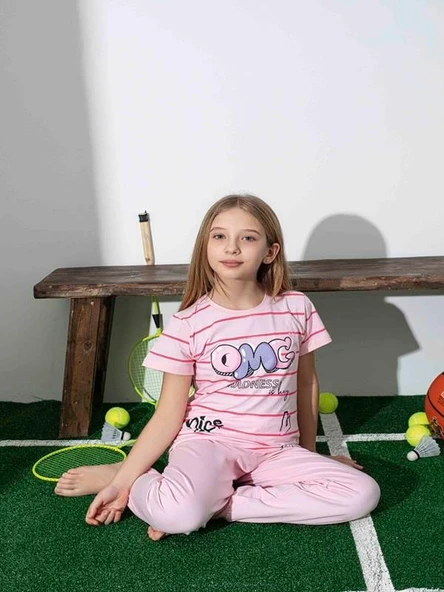 Kız Çocuk Desenli Pembe Pijama Takımı