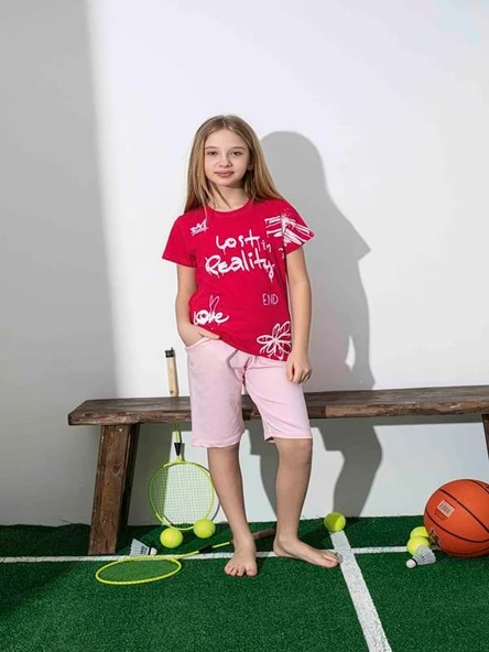 Kız Çocuk Desenli Kırmızı Şortlu Pijama Takımı